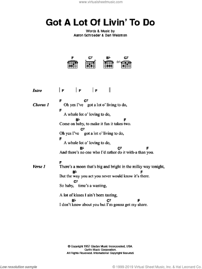 Got A Lot Of Livin' To Do sheet music for guitar (chords) by Elvis Presley, Aaron Schroeder and Ben Weisman, intermediate skill level