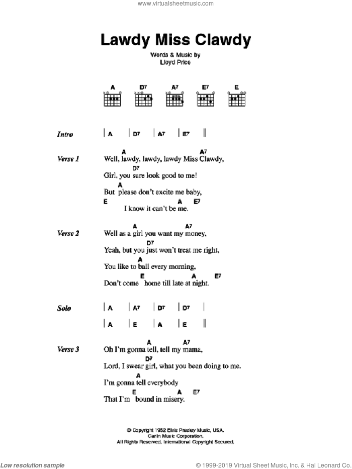 Lawdy Miss Clawdy sheet music for guitar (chords) by Elvis Presley and Lloyd Price, intermediate skill level