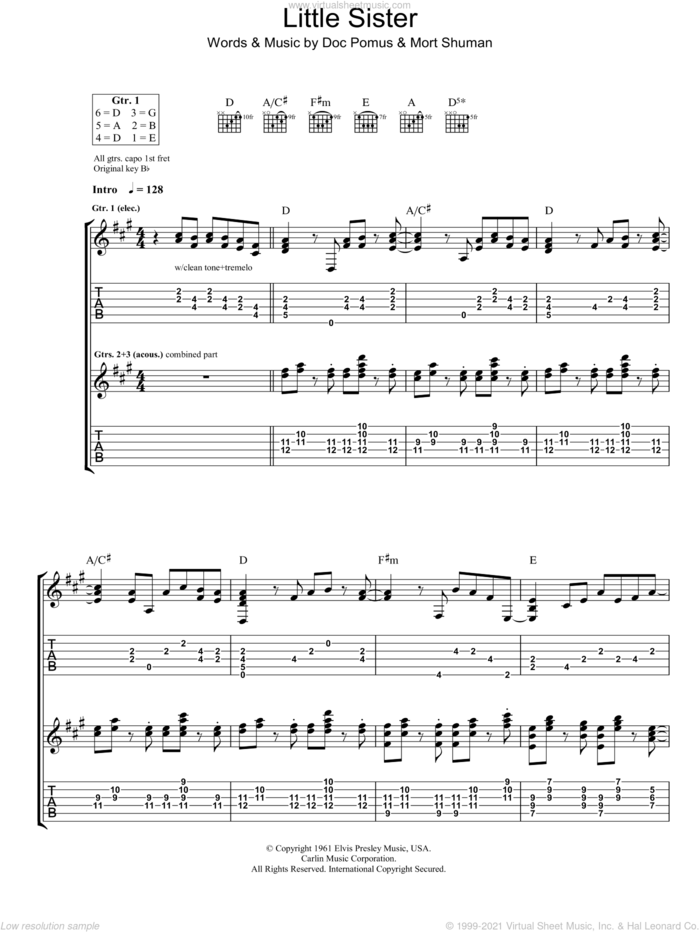Little Sister sheet music for guitar (tablature) by Ry Cooder, Doc Pomus, Elvis Presley, Jerome Pomus and Mort Shuman, intermediate skill level