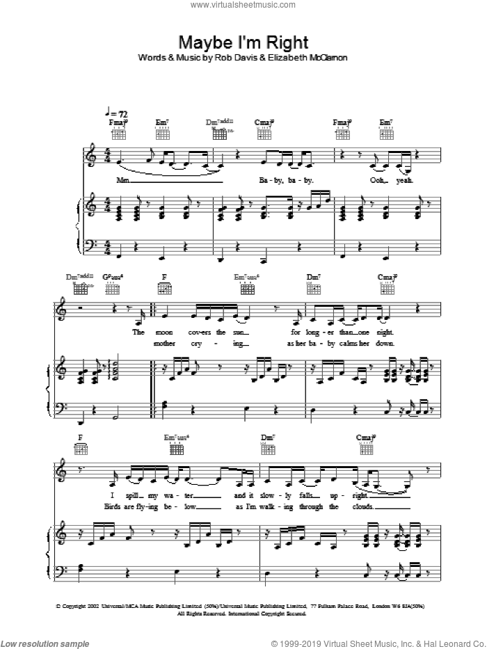 Maybe I'm Right sheet music for voice, piano or guitar by Atomic Kitten, intermediate skill level