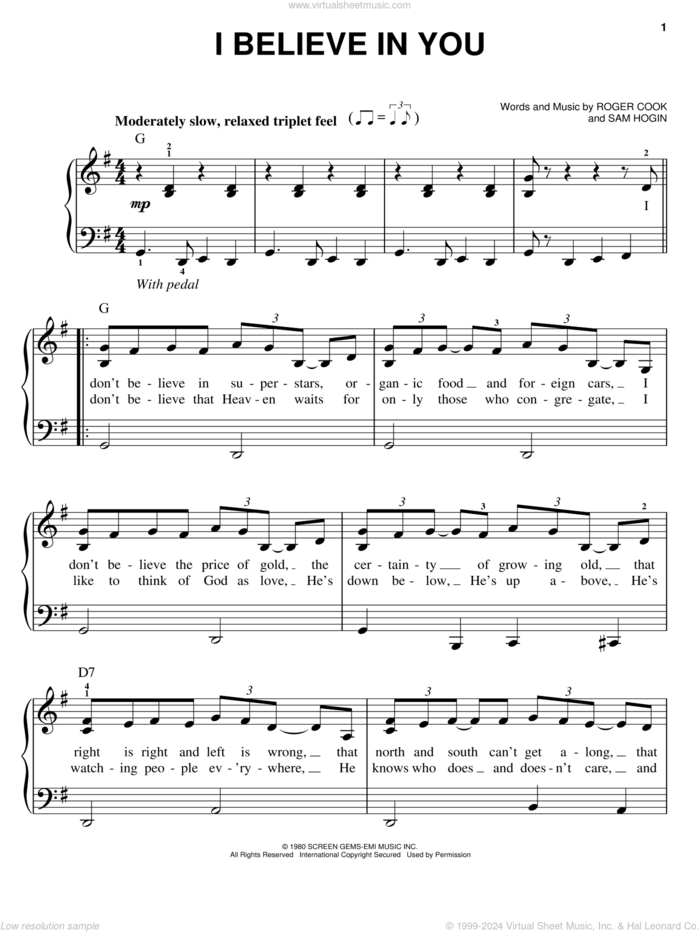 I Believe In You sheet music for piano solo by Don Williams, Roger Cook and Sam Hogin, easy skill level