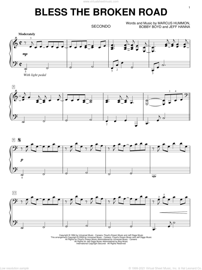 Bless The Broken Road sheet music for piano four hands by Rascal Flatts, Bobby Boyd, Jeffrey Hanna and Marcus Hummon, wedding score, intermediate skill level