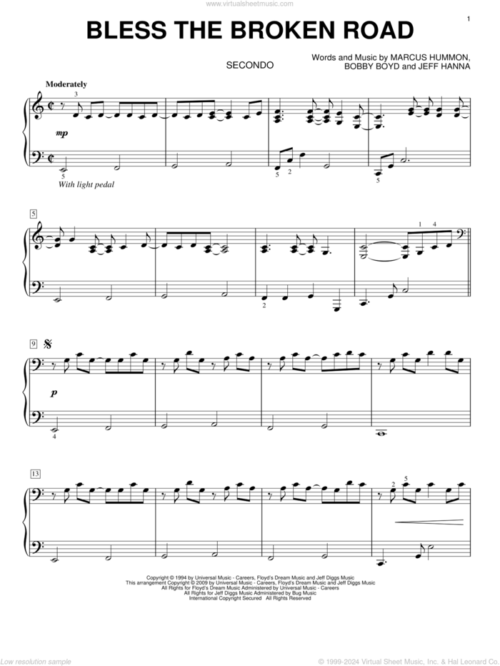 Bless The Broken Road sheet music for piano four hands by Rascal Flatts, Bobby Boyd, Jeffrey Hanna and Marcus Hummon, wedding score, intermediate skill level