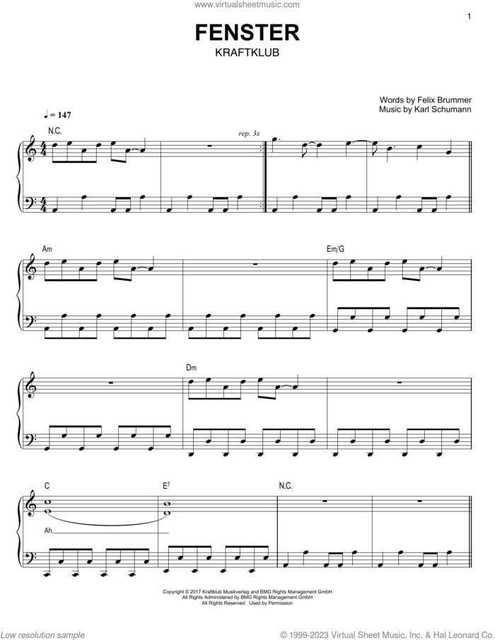 Fenster sheet music for piano solo by Kraftklub, Felix Brummer and Karl Schumann, easy skill level