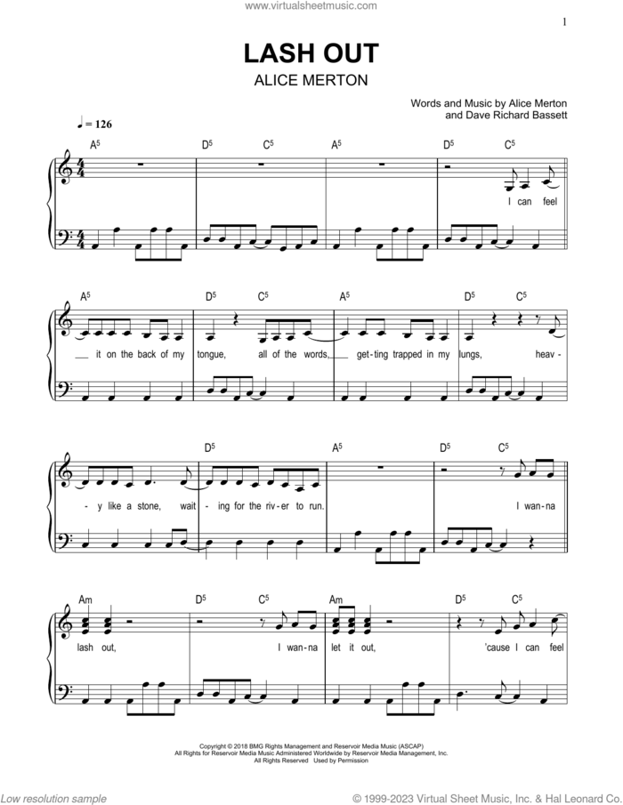 Lash Out sheet music for piano solo by Alice Merton and Dave Richard Bassett, easy skill level