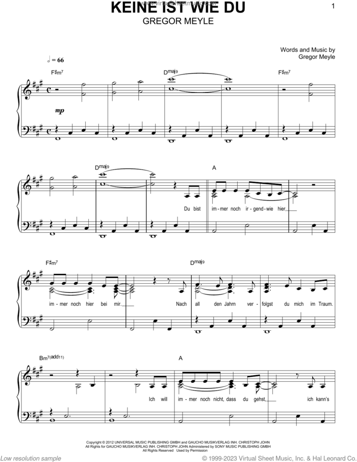 Keine Ist Wie Du sheet music for piano solo by Gregor Meyle, easy skill level