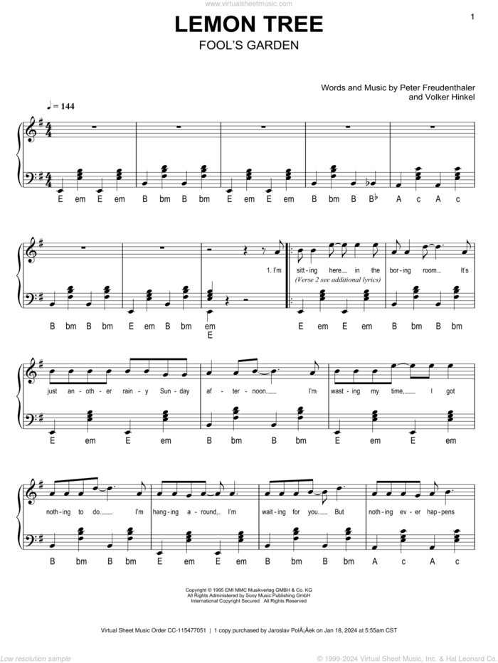 Lemon Tree sheet music for accordion by Fool's Garden, Peter Freudenthaler and Volker Hinkel, intermediate skill level
