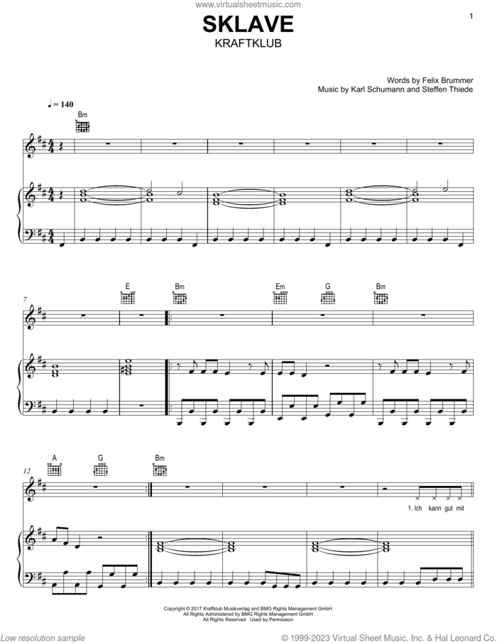 Sklave sheet music for voice, piano or guitar by Kraftklub, Felix Brummer, Karl Schumann and Steffen Thiede, intermediate skill level
