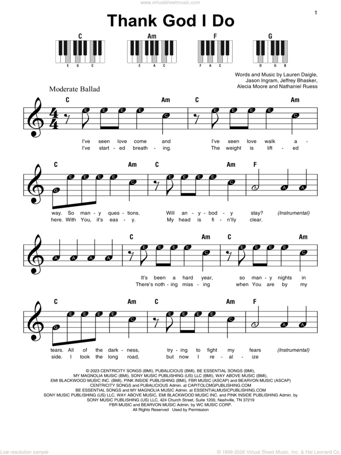 Thank God I Do, (beginner) sheet music for piano solo by Lauren Daigle, Alecia Moore, Jason Ingram, Jeffrey Bhasker and Nathaniel Ruess, beginner skill level