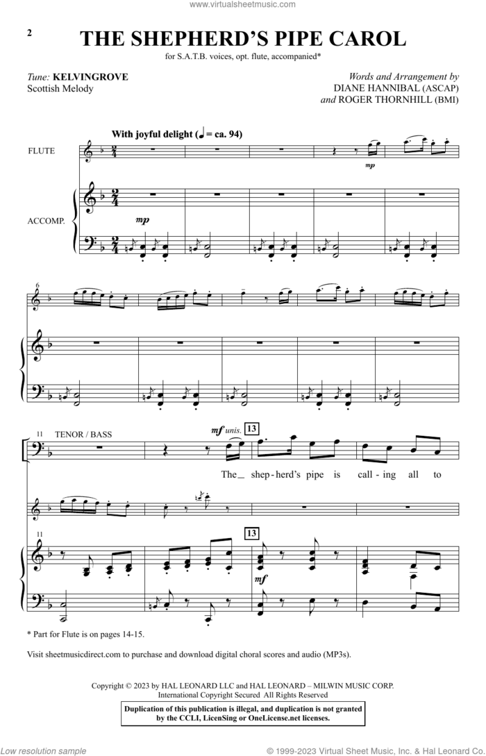 The Shepherd's Pipe Carol sheet music for choir (SATB: soprano, alto, tenor, bass) by Diane Hannibal and Roger Thornhill, Scottish Melody, Diane Hannibal and Roger Thornhill, intermediate skill level