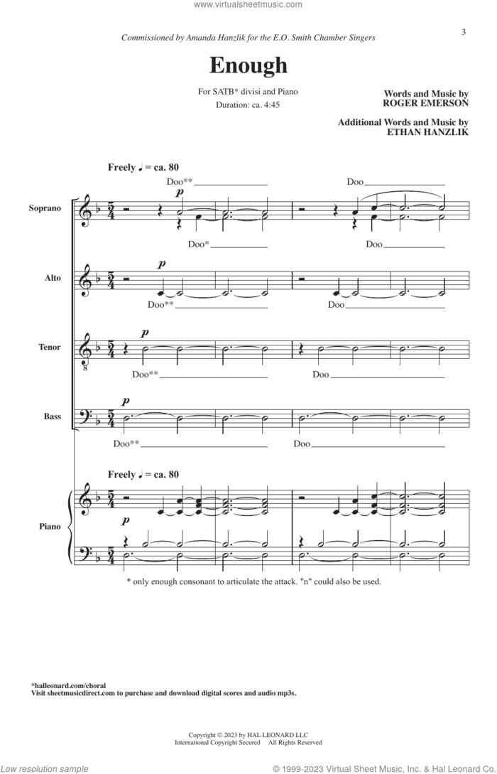 Enough sheet music for choir (SATB: soprano, alto, tenor, bass) by Roger Emerson, Ethan Hanzlik and Roger Emerson and Ethan Hanzlik, intermediate skill level