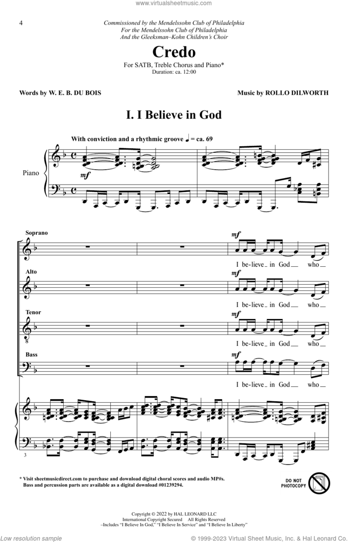 Credo sheet music for choir (SATB: soprano, alto, tenor, bass) by Rollo Dilworth, W.E.B. Du Bois and William Edward Burghardt Du Bois, intermediate skill level