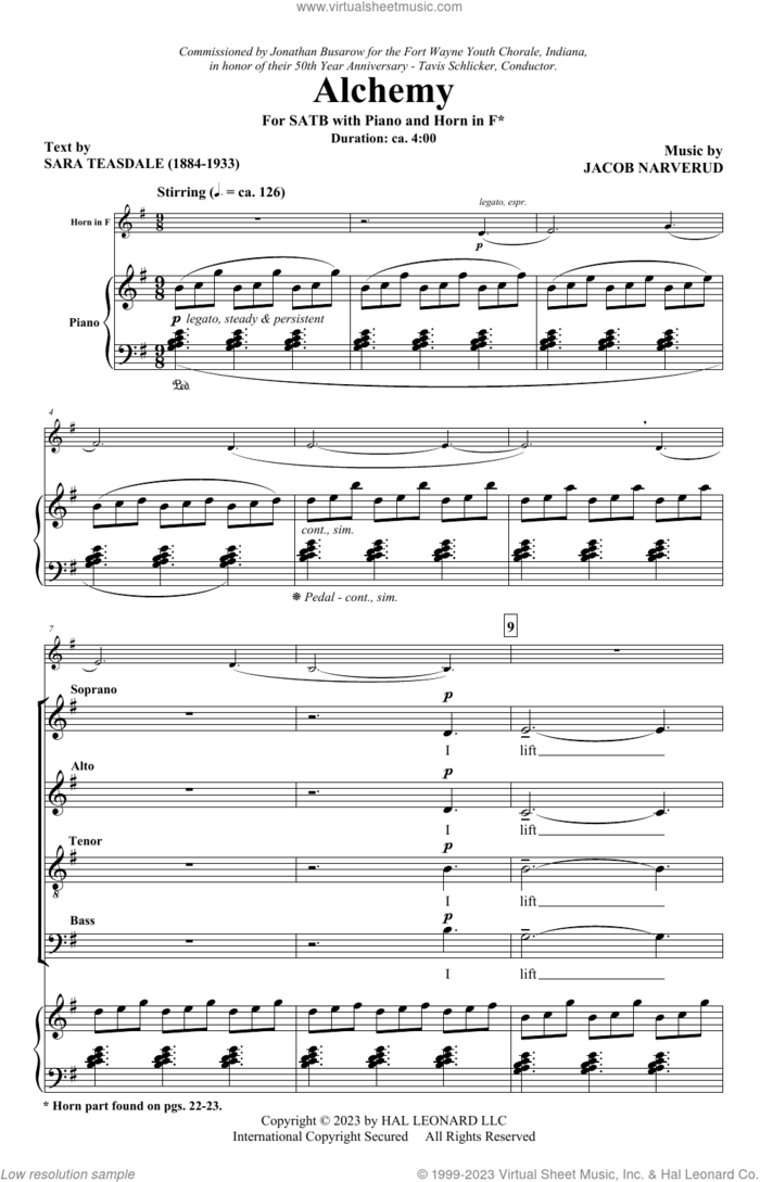 Alchemy sheet music for choir (SATB: soprano, alto, tenor, bass) by Jacob Narverud and Sara Teasdale and Jacob Narverud and Sara Teasdale, intermediate skill level