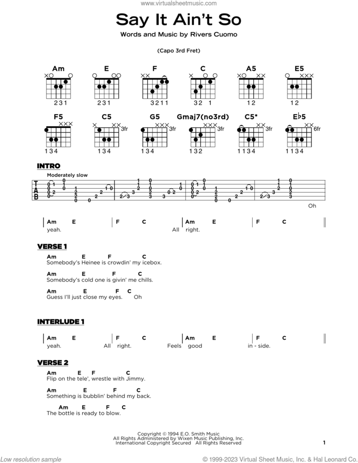 Say It Ain't So sheet music for guitar solo by Weezer and Rivers Cuomo, beginner skill level