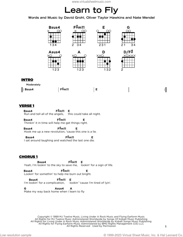 Learn To Fly sheet music for guitar solo by Foo Fighters, Dave Grohl, Nate Mendel and Oliver Taylor Hawkins, beginner skill level