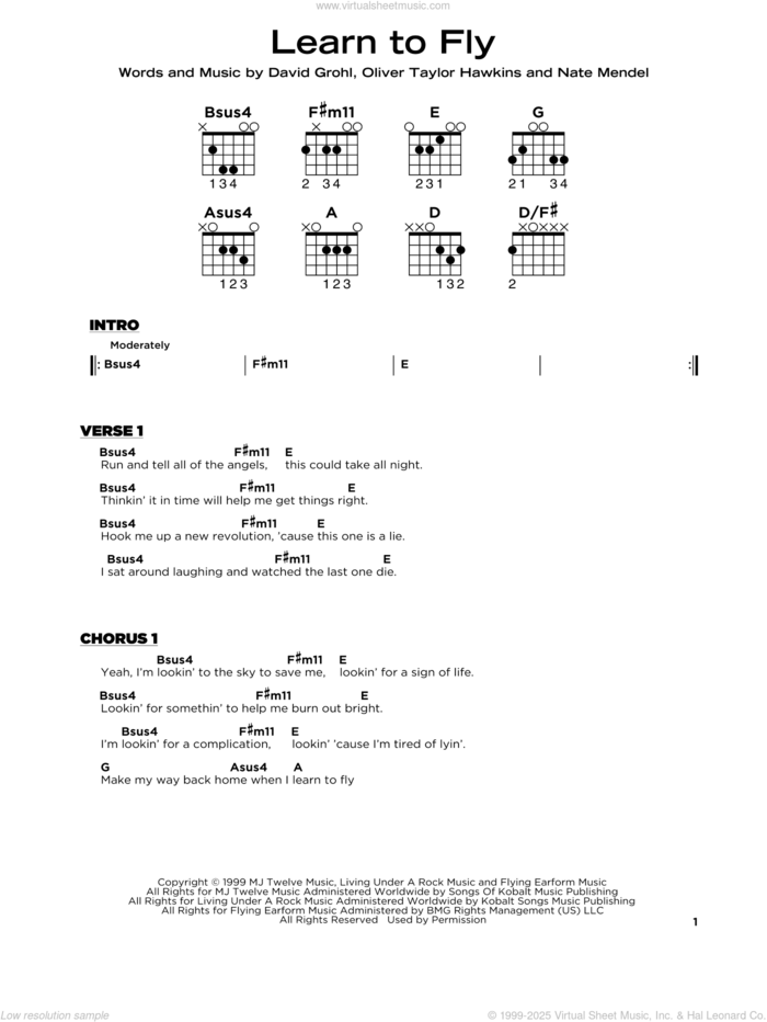 Learn To Fly sheet music for guitar solo by Foo Fighters, Dave Grohl, Nate Mendel and Oliver Taylor Hawkins, beginner skill level