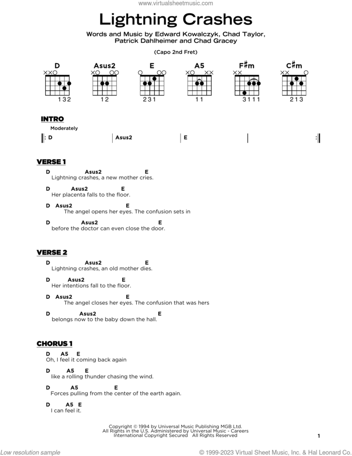 Lightning Crashes sheet music for guitar solo by Live, Chad Gracey, Chad Taylor, Edward Kowalczyk and Patrick Dahlheimer, beginner skill level