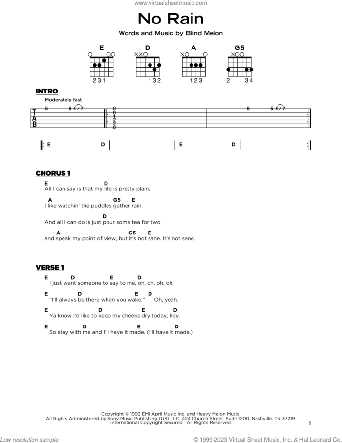 No Rain sheet music for guitar solo by Blind Melon, beginner skill level
