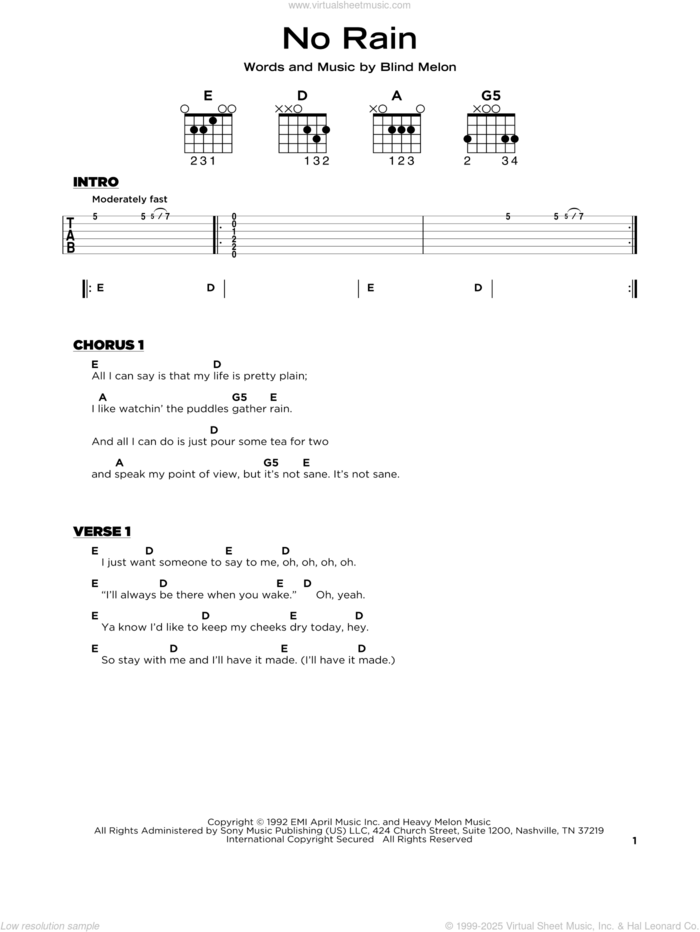 No Rain sheet music for guitar solo by Blind Melon, beginner skill level