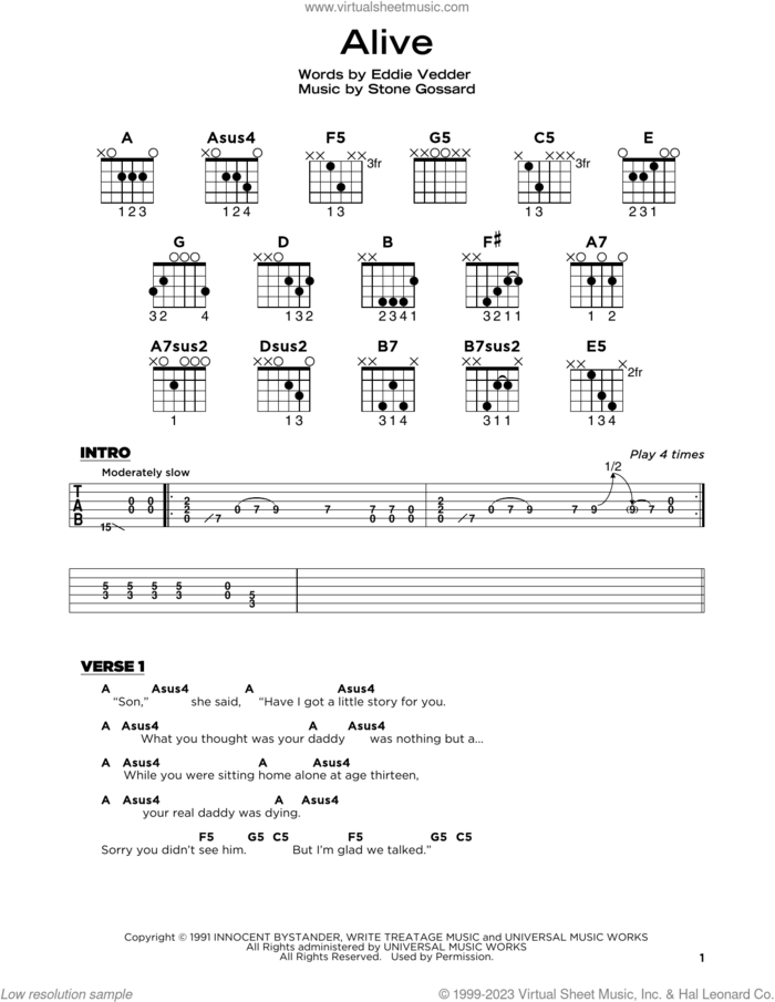 Alive sheet music for guitar solo by Pearl Jam, Eddie Vedder and Stone Gossard, beginner skill level