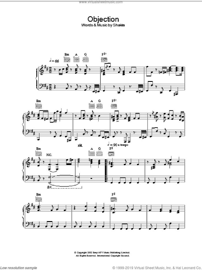 Objection sheet music for voice, piano or guitar by Shakira, intermediate skill level