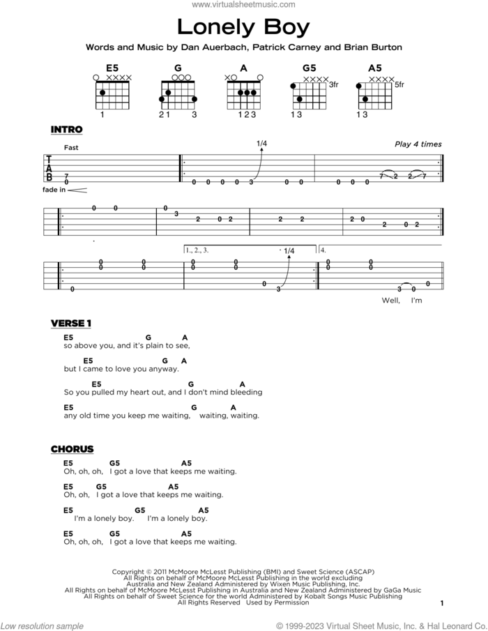 Lonely Boy sheet music for guitar solo by The Black Keys, Brian Burton, Daniel Auerbach and Patrick Carney, beginner skill level