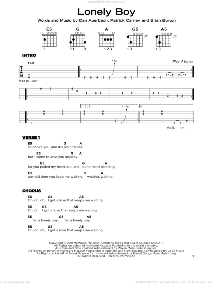 Lonely Boy sheet music for guitar solo by The Black Keys, Brian Burton, Daniel Auerbach and Patrick Carney, beginner skill level