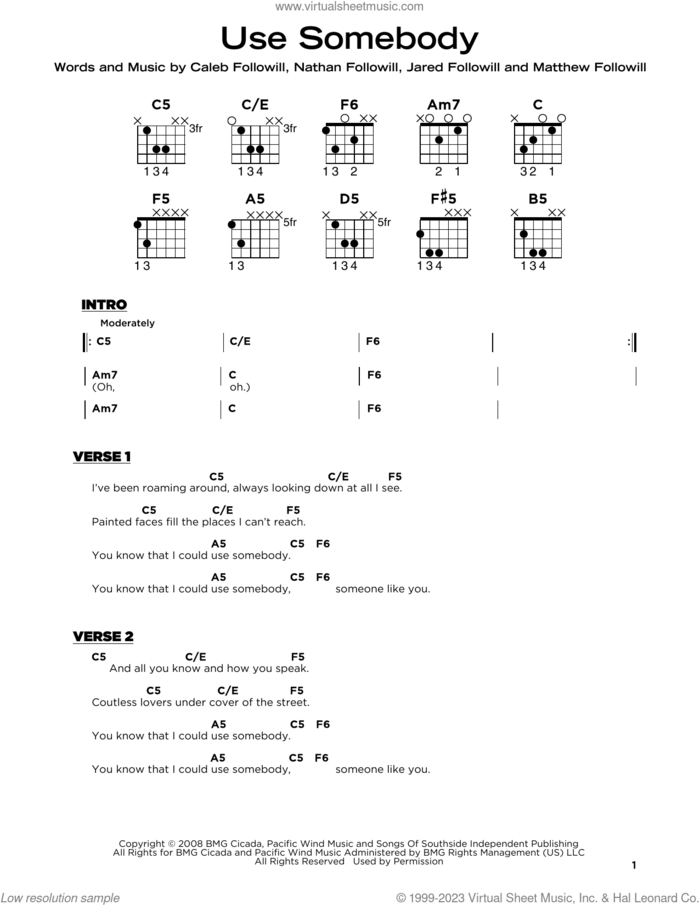 Use Somebody sheet music for guitar solo by Kings Of Leon, Caleb Followill, Jared Followill, Matthew Followill and Nathan Followill, beginner skill level