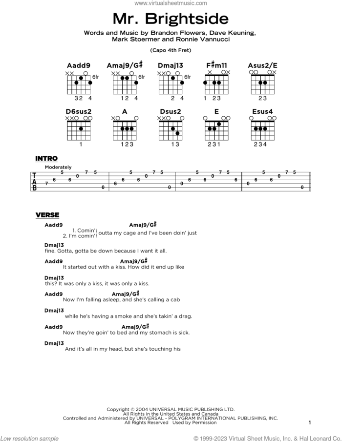 Mr. Brightside sheet music for guitar solo by The Killers, Brandon Flowers, Dave Keuning, Mark Stoermer and Ronnie Vannucci, beginner skill level