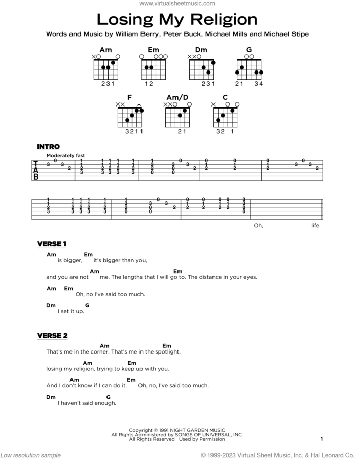 Losing My Religion sheet music for guitar solo by R.E.M., Michael Stipe, Mike Mills, Peter Buck and William Berry, beginner skill level