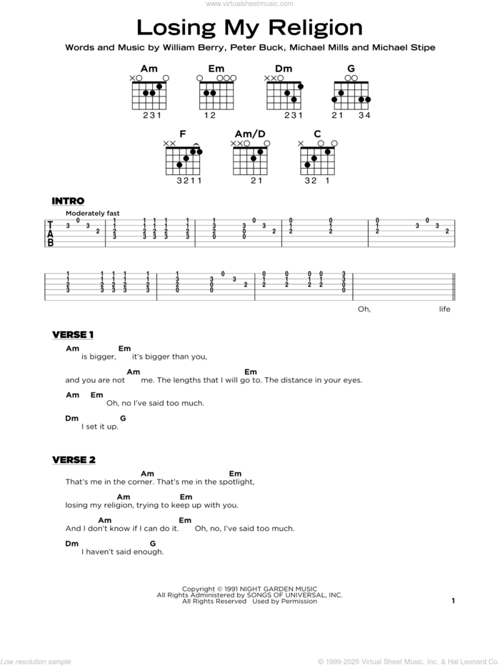 Losing My Religion sheet music for guitar solo by R.E.M., Michael Stipe, Mike Mills, Peter Buck and William Berry, beginner skill level