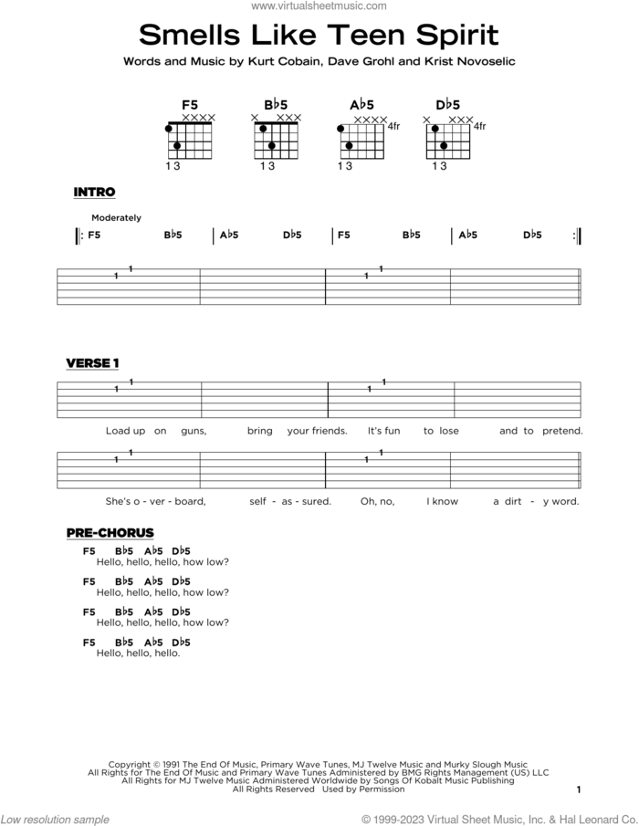 Smells Like Teen Spirit (Low Voice) sheet music for guitar solo by Nirvana, Dave Grohl, Krist Novoselic and Kurt Cobain, beginner skill level