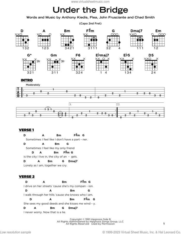 Under The Bridge sheet music for guitar solo by Red Hot Chili Peppers, Anthony Kiedis, Chad Smith, Flea and John Frusciante, beginner skill level