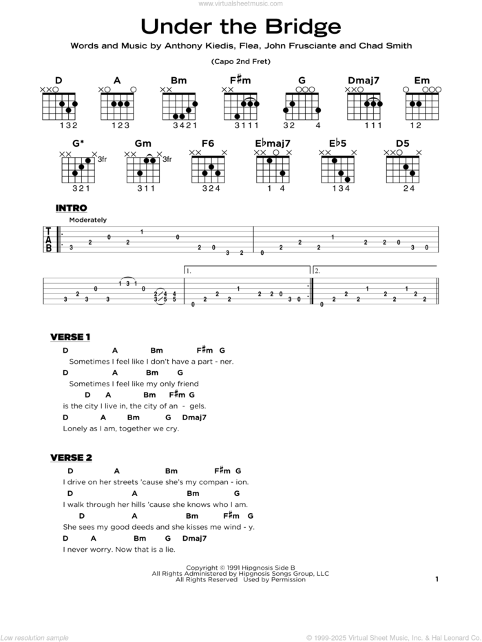 Under The Bridge sheet music for guitar solo by Red Hot Chili Peppers, Anthony Kiedis, Chad Smith, Flea and John Frusciante, beginner skill level