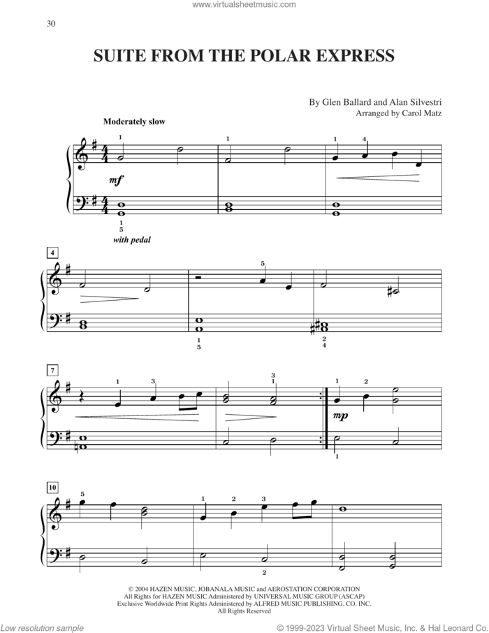 Suite (from The Polar Express) (arr. Carol Matz) sheet music for piano solo (big note book) by Glen Ballard and Alan Silvestri, easy piano (big note book)