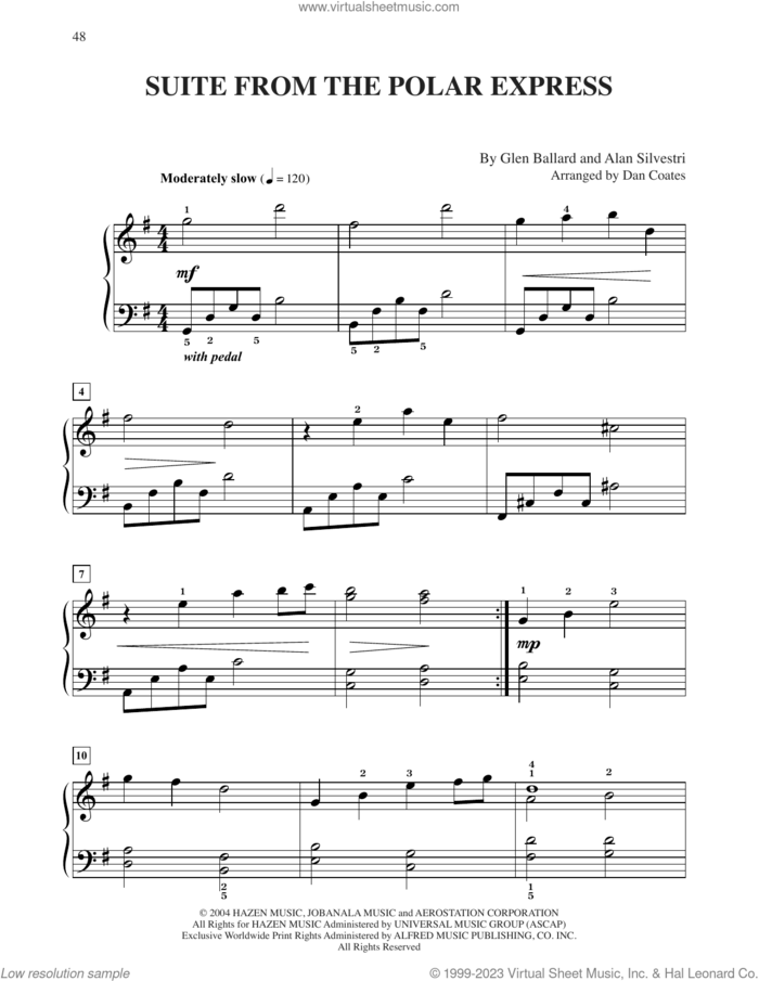 Suite (from The Polar Express) (arr. Dan Coates) sheet music for piano solo by Glen Ballard and Alan Silvestri, easy skill level