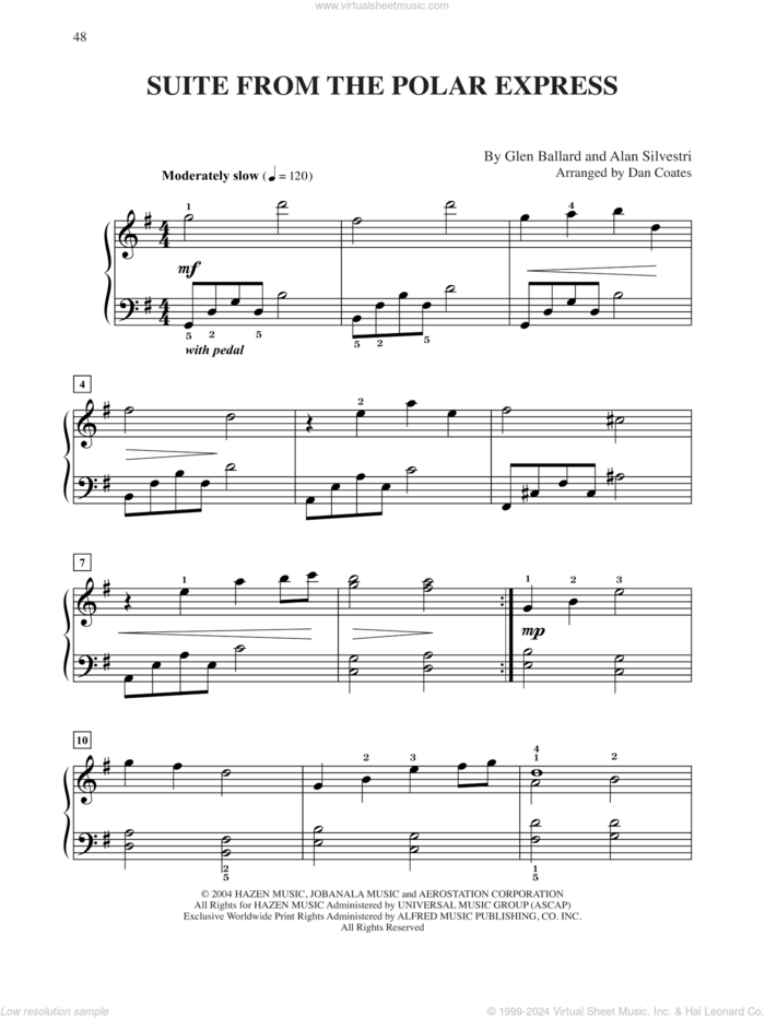 Suite (from The Polar Express) (arr. Dan Coates) sheet music for piano solo by Glen Ballard and Alan Silvestri, easy skill level