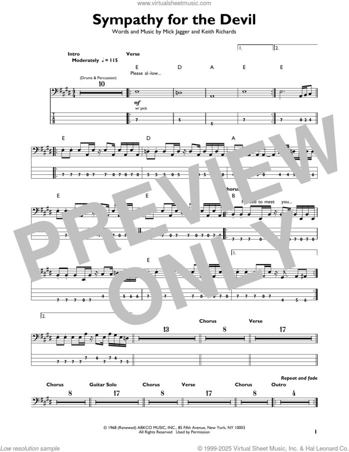 Sympathy For The Devil sheet music for bass solo by The Rolling Stones, Keith Richards and Mick Jagger, intermediate skill level