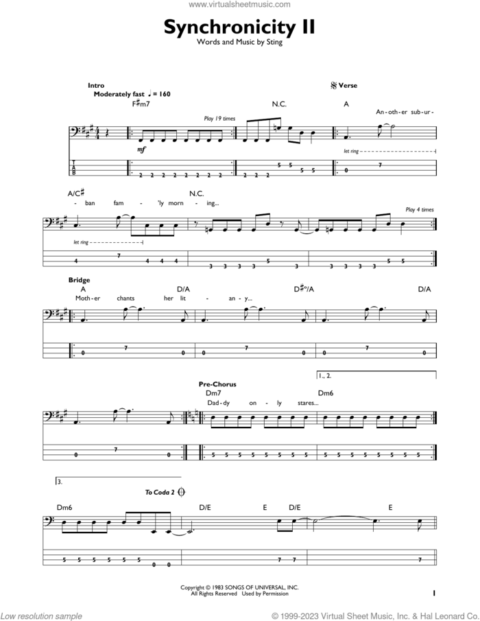 Synchronicity II sheet music for bass solo by The Police and Sting, intermediate skill level