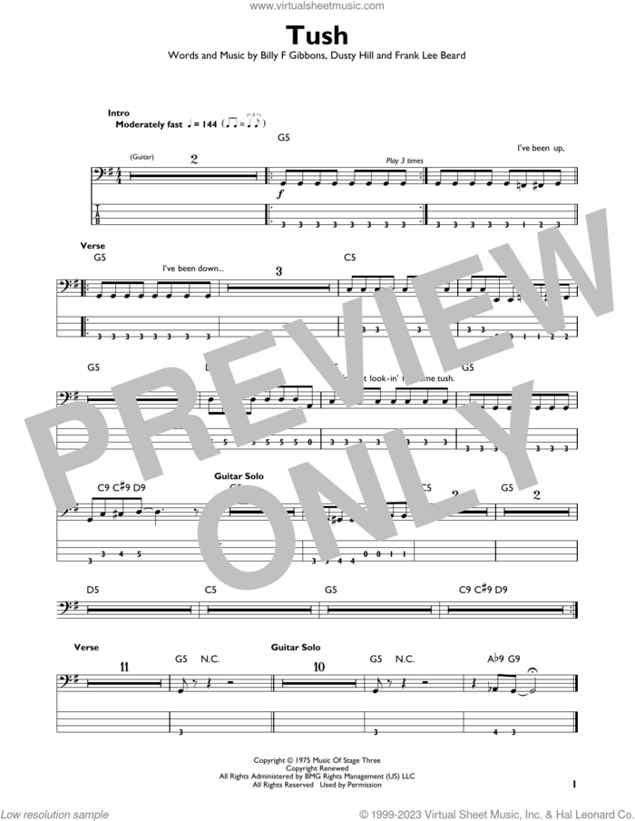 Tush sheet music for bass solo , ZZ Top, Billy Gibbons, Dusty Hill and Frank Beard, intermediate skill level