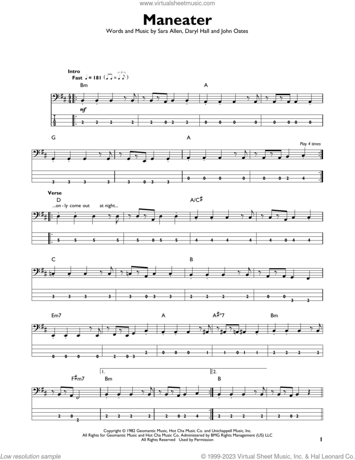 Maneater sheet music for bass solo by Daryl Hall, Hall and Oates, John Oates and Sara Allen, intermediate skill level