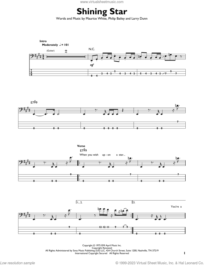 Shining Star sheet music for bass solo by Earth, Wind & Fire, Larry Dunn, Maurice White and Philip Bailey, intermediate skill level