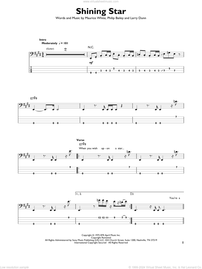 Shining Star sheet music for bass solo by Earth, Wind & Fire, Larry Dunn, Maurice White and Philip Bailey, intermediate skill level