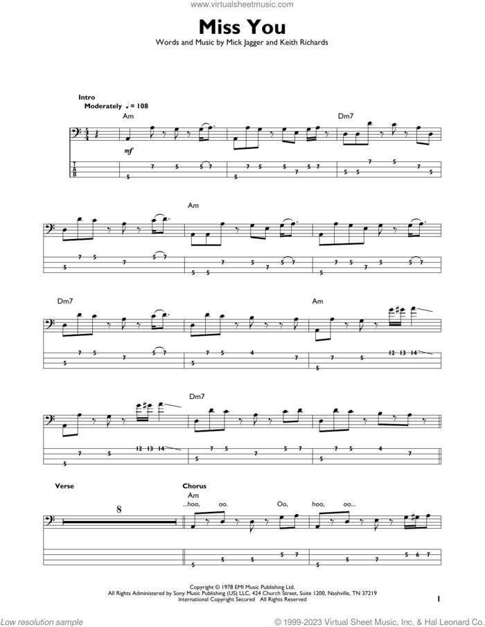 Miss You sheet music for bass solo by The Rolling Stones, Keith Richards and Mick Jagger, intermediate skill level