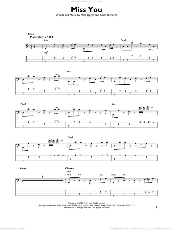 Miss You sheet music for bass solo by The Rolling Stones, Keith Richards and Mick Jagger, intermediate skill level