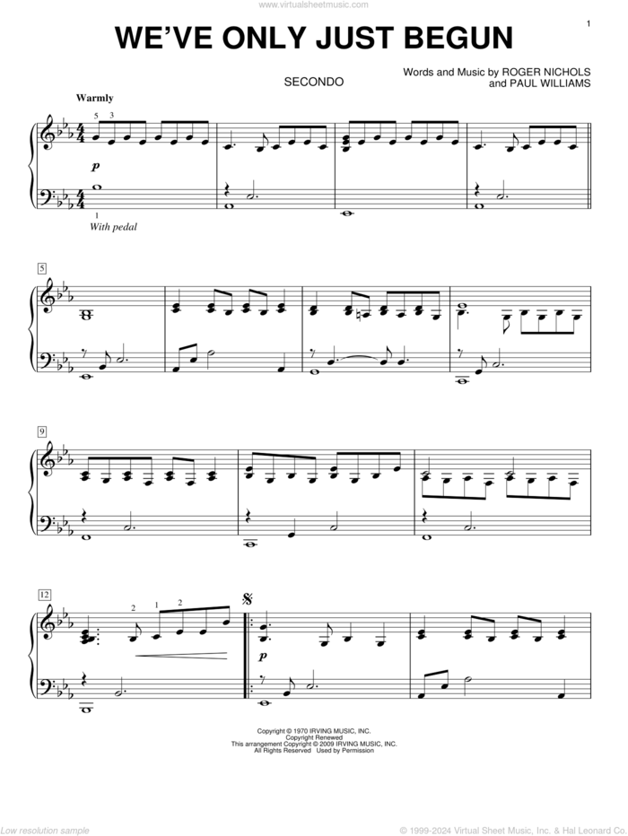 We've Only Just Begun sheet music for piano four hands by Carpenters, Paul Williams and Roger Nichols, wedding score, intermediate skill level