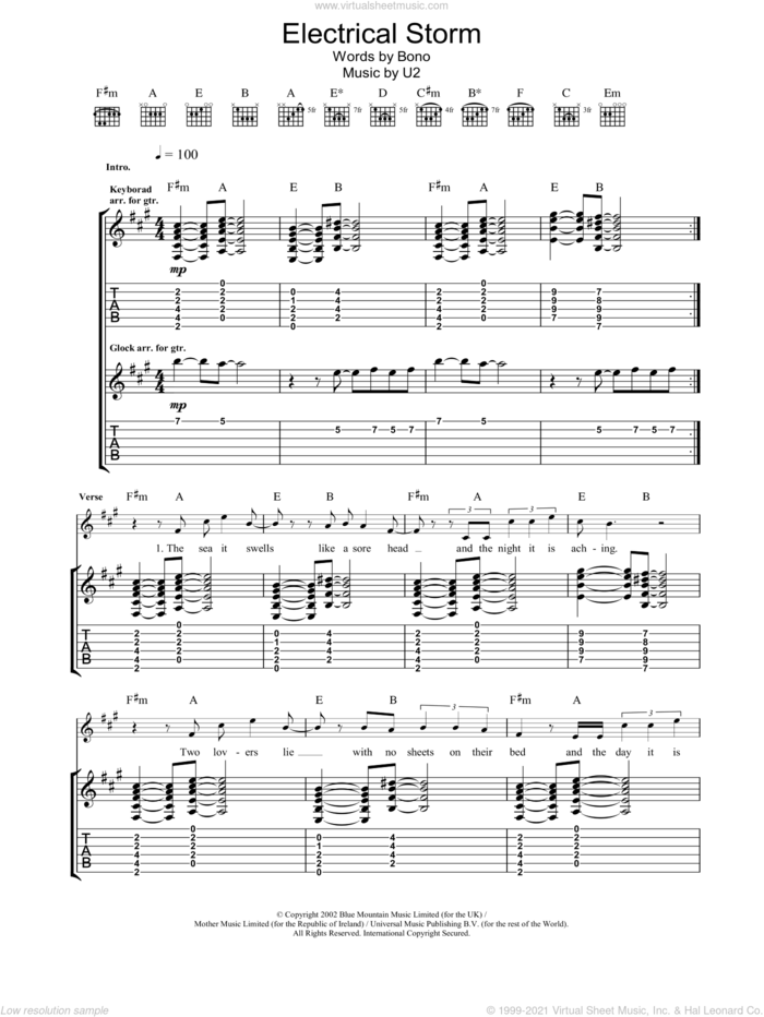 Electrical Storm sheet music for guitar (tablature) by U2, intermediate skill level