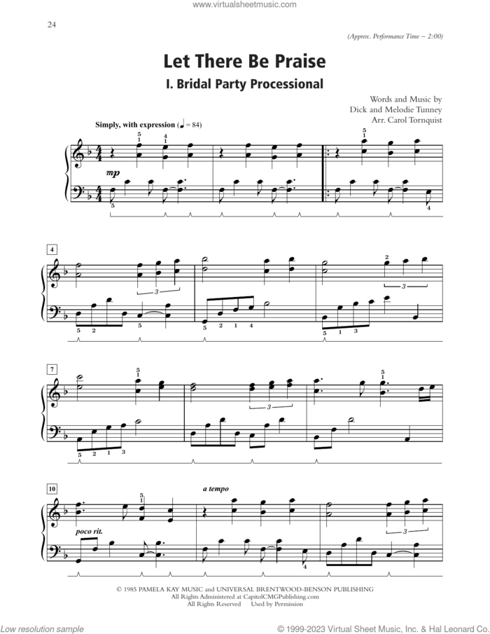 Let There Be Praise (arr. Carol Tornquist) sheet music for piano solo by Sandi Patty, Carol Tornquist, Dick Tunney and Melodie Tunney, wedding score, intermediate skill level