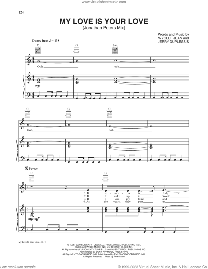 My Love Is Your Love (feat. Dyme) (Jonathan Peters Mix) sheet music for voice, piano or guitar by Whitney Houston, Jerry Duplessis and Wyclef Jean, intermediate skill level