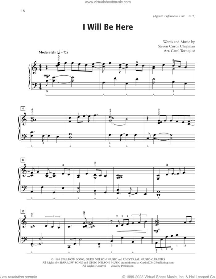 I Will Be Here (arr. Carol Tornquist) sheet music for piano solo by Steven Curtis Chapman and Carol Tornquist, wedding score, intermediate skill level